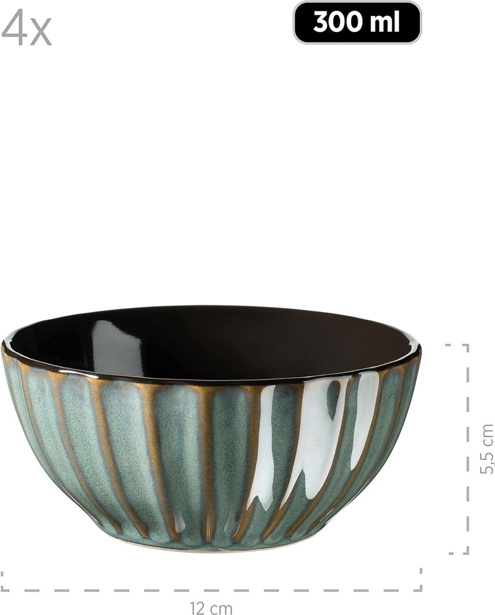 Serie Confino serviesset voor 4 personen in moderne vintage look, 12-delig ontbijtservies van keramiek in petrol met zwarte accenten, aardewerk