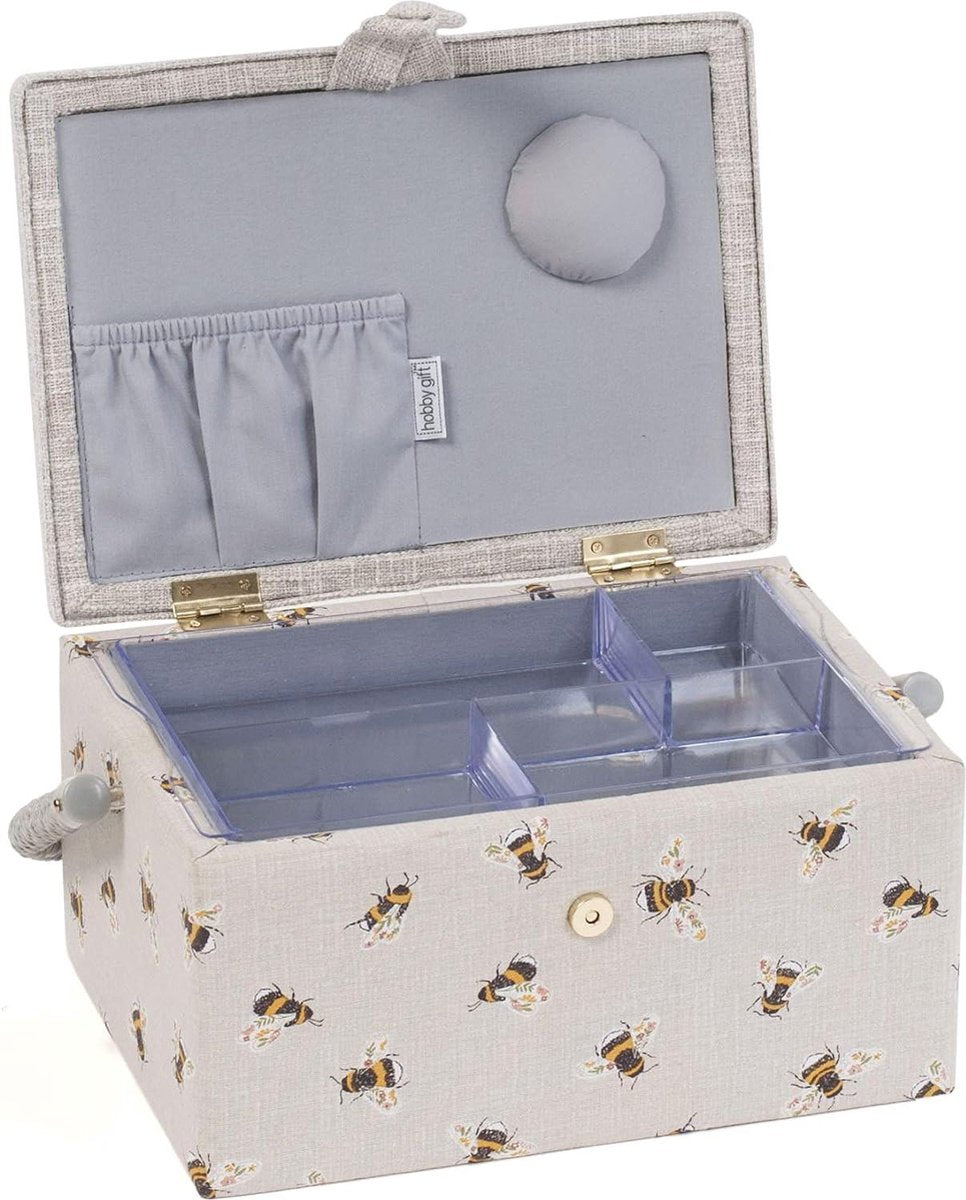 Sewing Box Hobby Gift - Exclusive medium craft box with accessory drawer and pincushion - PVC handle - 185 x 255 x 145 cm - Embroidered Bees Sewing Box