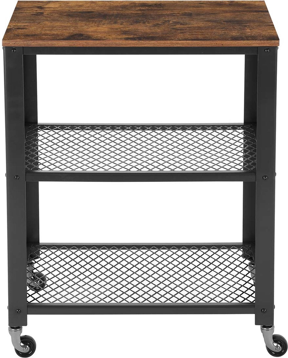 Serve trolley, kitchen trolley, kitchen cabinet, kitchen rack, trolley, kitchen shelf on 4 wheels, steel frame, 3 shelves, for kitchen and living room, guest serving trolley, industrial design, vintage brown-black