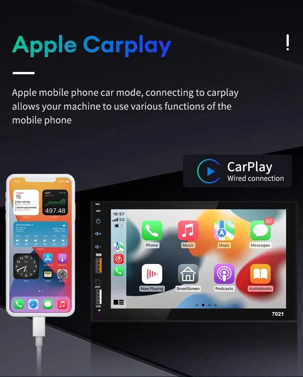 Autoradio 7 inch - 2023 - Apple Carplay (bedraad) - Met Camera - Android Auto - Universeel - Bluetooth - Touchscreen - Autonavigatie / CarPlay
