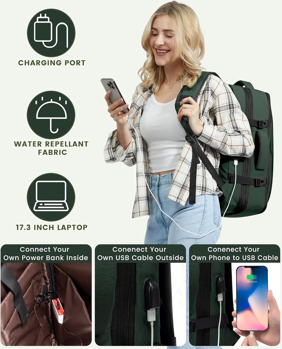 Reisrugzak, handbagage, vliegtuig, zakelijke rugzak, heren, dames, uitbreidbaar, laptoprugzak voor 17,3 inch voor weekends, donkergroen