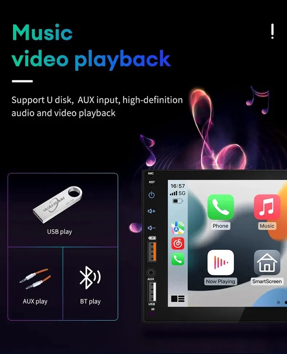 Autoradio 7 inch - 2023 - Apple Carplay (bedraad) - Met Camera - Android Auto - Universeel - Bluetooth - Touchscreen - Autonavigatie / CarPlay