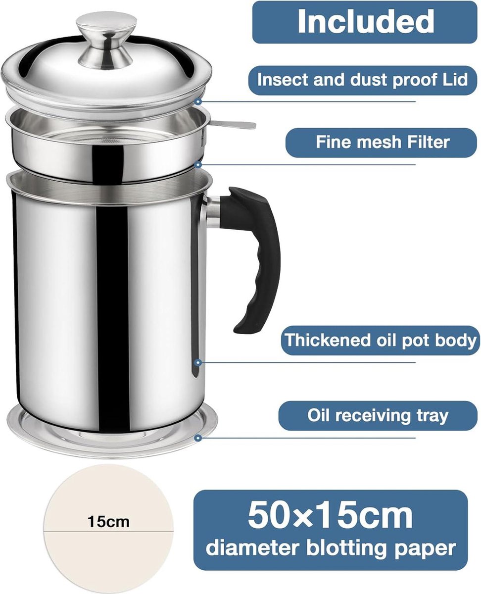 21L 304 roestvrijstalen oliefilter vetscheider friteuse - fijne zeef - olieverzamelaar - 50 absorberende papieren - frituurolie opslag