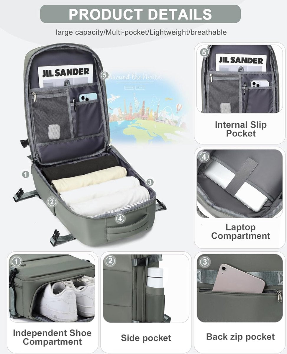 Large hand luggage, 40 x 20 x 25 cm, travel backpack for women, carry-on, airplane, Easyjet hand luggage, 45 x 36 x 20 cm, backpack for women, with laptop compartment, waterproof daypack with