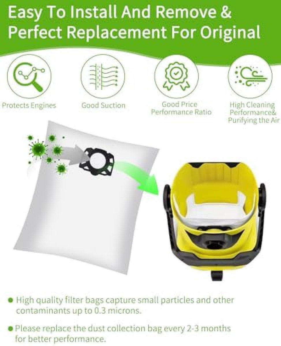 Fleece filter bags are suitable for Kärcher vacuum cleaner models such as WD2, WD3, KWD1, KWD2, KWD3, WD3.200, WD3.800, SE4001 and SE4002.