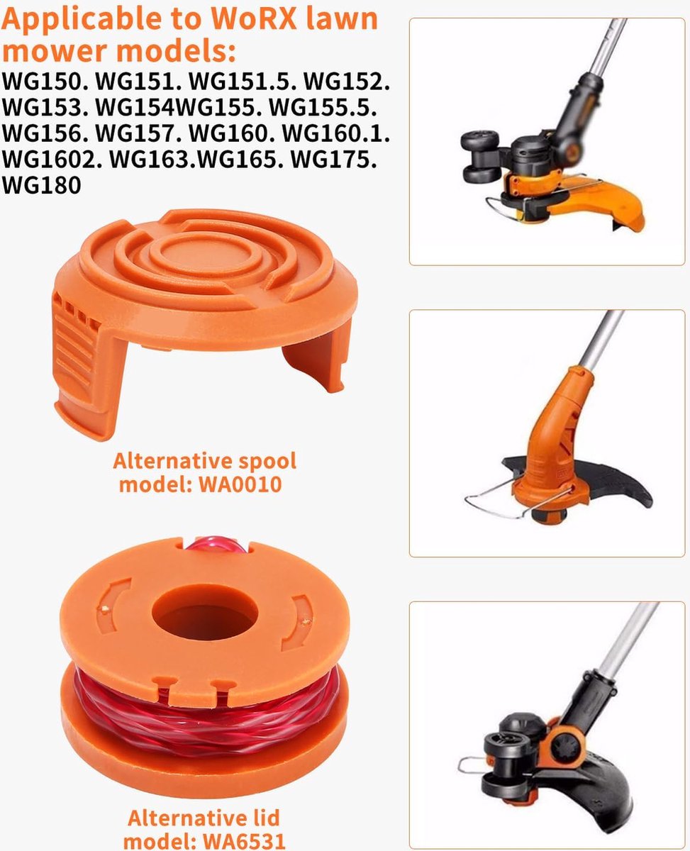 20 stuks grastrimmerspoel voor grastrimmer, trimmerdraadspoel voor grastrimmer, trimmerspoelmodel WA0010 WA0004 WA0004 WA0004.1, Ø 1,65 mm, 3 m lengte (16 reservespoelen + 4 doppen WA6531)