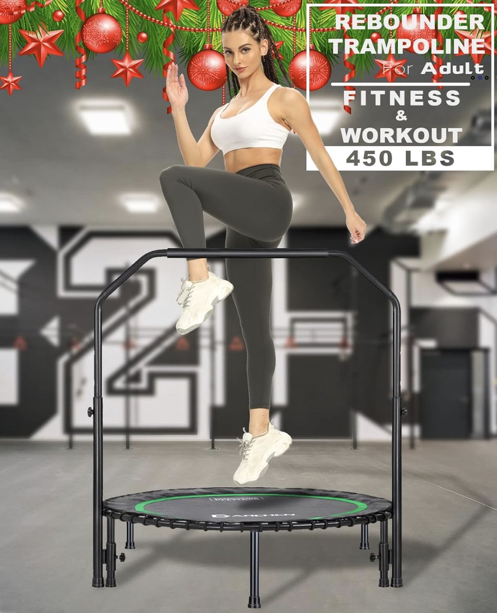 200 kg Rebounder trampoline incl. handrail voor volwassenen - Indoor workout fitness mini-trampoline - Stille en veilige trampoline voor binnen - Minitrampoline [100 cm] - Groen