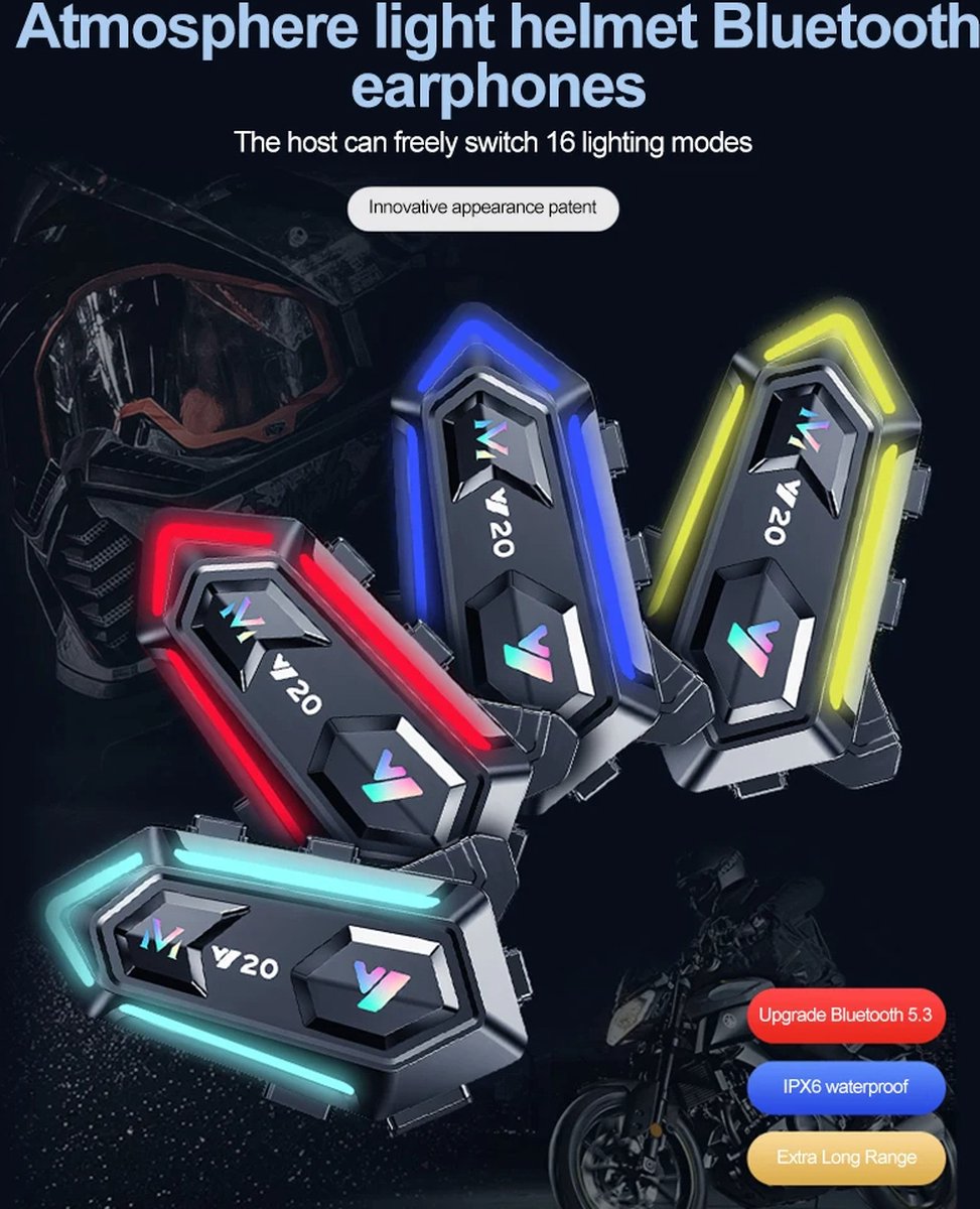 Motorhelm Headset - Headset Met Microfoon - Oortjes - Draadloos - Waterdichte Oortelefoon - IPX6 Helm Headset - 5.3 Bluetooth Communicatie - 72 Uur Lange Werking - 16 Kleuren RGB Verlichting - Zwart