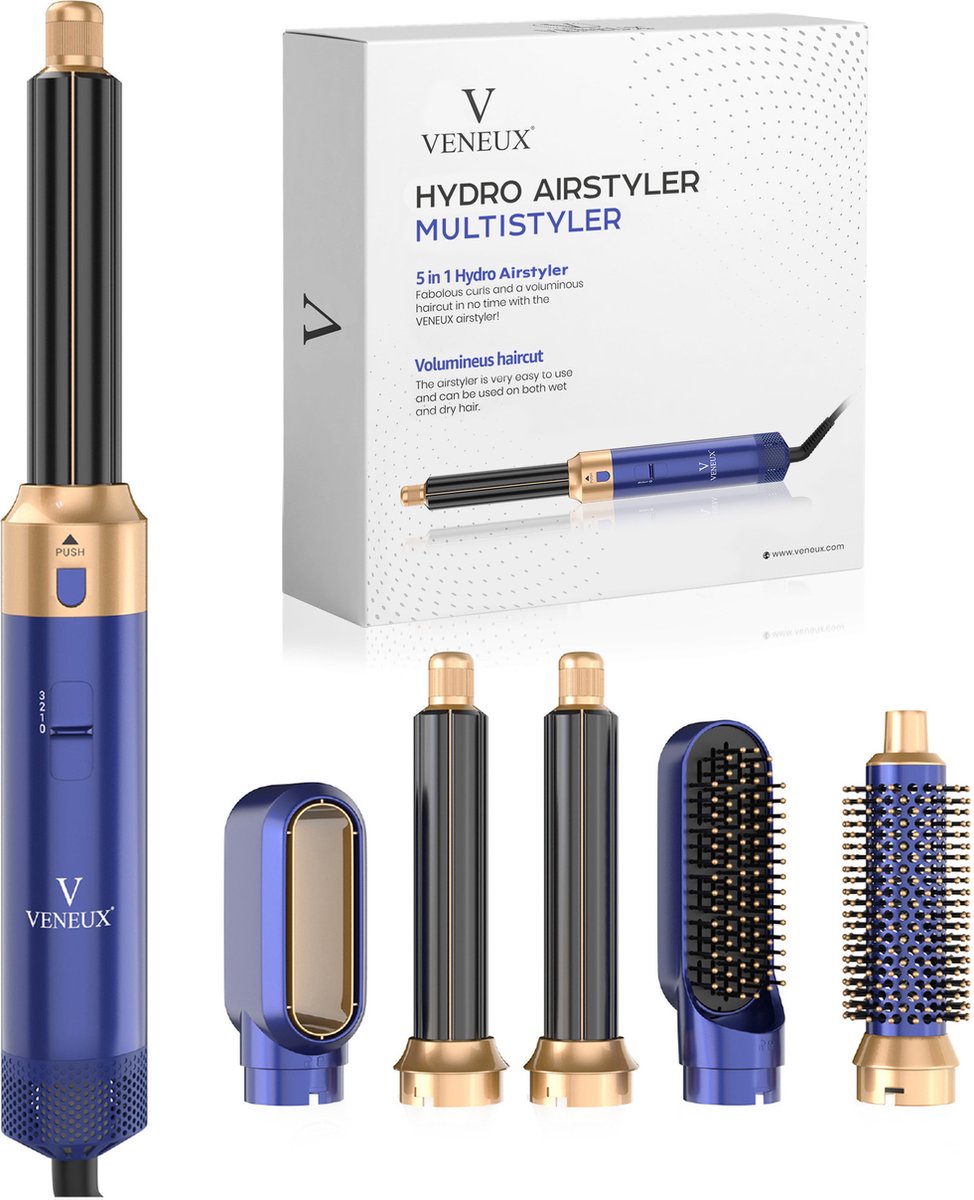VENEUX® Föhnborstel - Airstyler - Krulborstel - Krultangen - 5-in-1 Multistyler – Blauw Met Goud