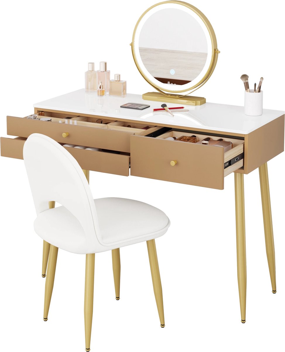 Decotopia - Dressing Table - Make-up Table - Set - With Mirror - With Lighting - With Chair - Khaki