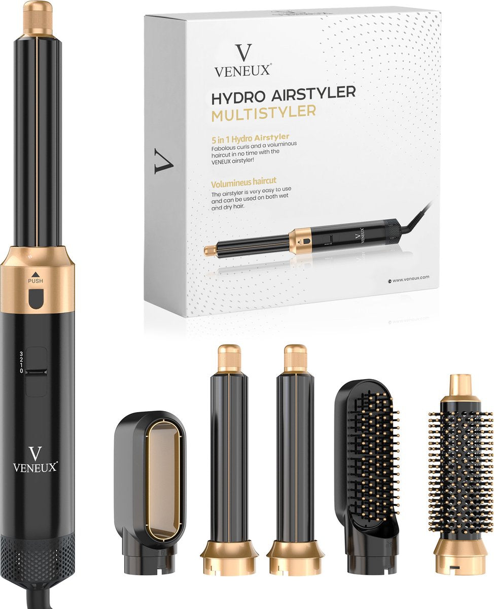 VENEUX® Föhnborstel - Airstyler - Krulborstel - Krultangen - 5 in 1 Multistyler – Zwart Met Goud