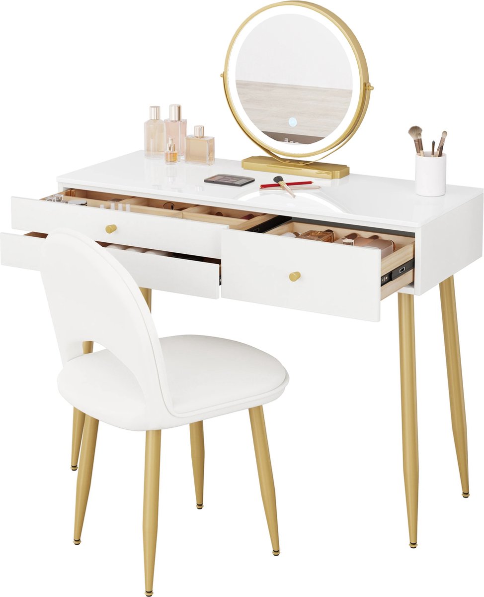 vanBoni Dressing Table with Mirror and Lights - Makeup Table - Dressing Table with Three Drawers - Velvet Stool - Desk - Dressers - White Gold - 100x40x122 cm