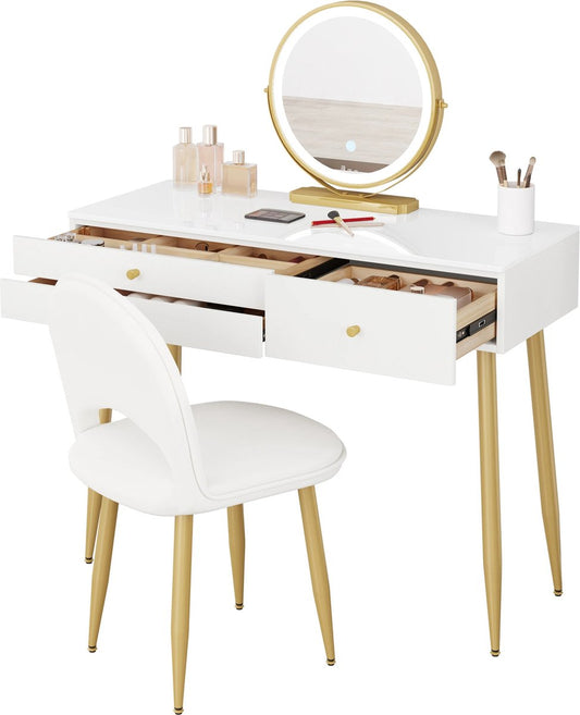 vanBoni Dressing Table with Mirror and Lights - Makeup Table - Dressing Table with Three Drawers - Velvet Stool - Desk - Dressers - White Gold - 100x40x122 cm