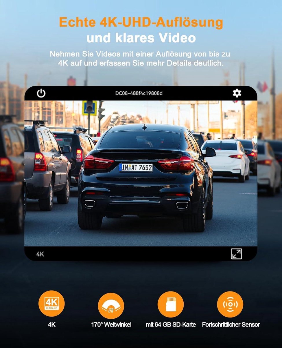 4K Auto Dashcam - Ingebouwde wifi - 2160P Dash Camera - 64 GB SD-kaart - Groothoeklens - App-bediening - Dashboard Camera Recorder - Super Nachtzicht - Parkeerbewaking - G-sensor Dashcam voor auto