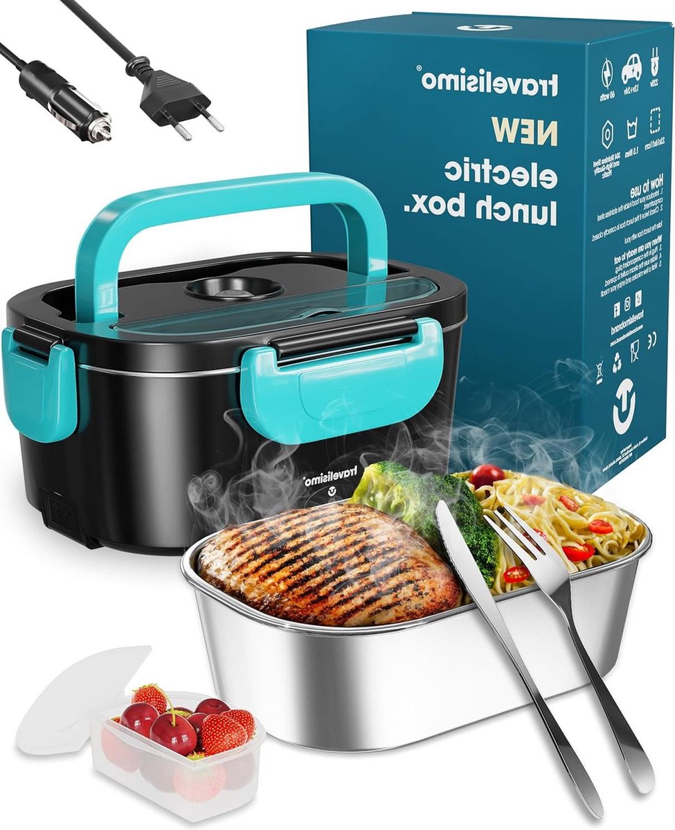 Elektrische Lunchbox Voedselverwarmer 3 in 1 80W - Draagbare Voedselwarmer voor Auto Vrachtwagen Thuis en Werk - met 1.5L Verwijderbare Roestvrijstalen Voedselverwarmer Container - Warmhoudbak 12V+24V+220V