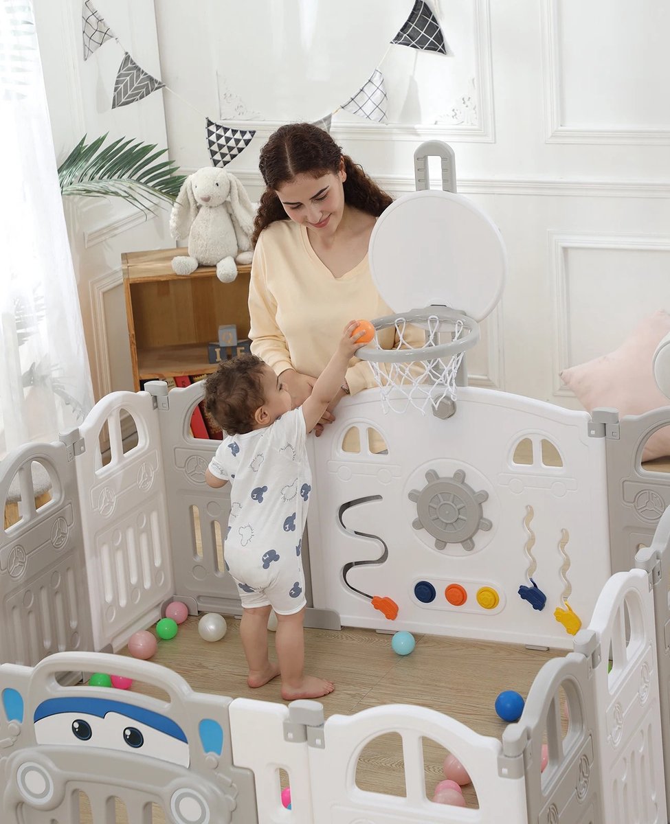 vanBoni - Babybox - Opvouwbare Babybox - Inklapbare Babybox - Met Basketbalring en 50 Gekleurde Pitballen - 149x152x62CM - Beige Wit