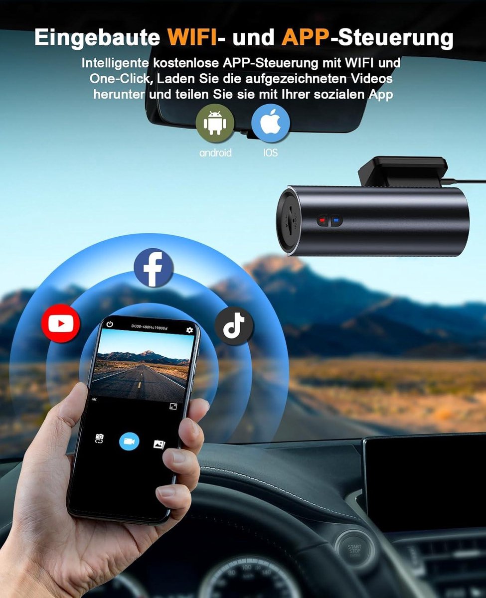 4K Auto Dashcam - Ingebouwde wifi - 2160P Dash Camera - 64 GB SD-kaart - Groothoeklens - App-bediening - Dashboard Camera Recorder - Super Nachtzicht - Parkeerbewaking - G-sensor Dashcam voor auto
