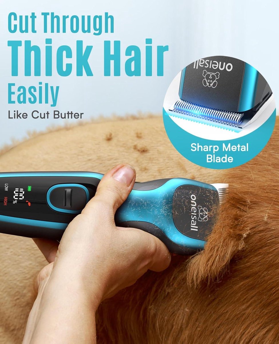 Professionele stille hondentondeuse - elektrische tondeuse voor honden en katten - krachtige motor - geschikt voor dikke of vilten vacht - blauw Hondentondeuse