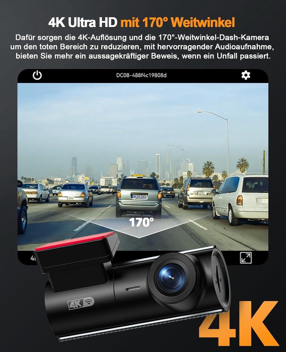 4K Auto Dashcam - Ingebouwde wifi - 2160P Dash Camera - 64 GB SD-kaart - Groothoeklens - App-bediening - Dashboard Camera Recorder - Super Nachtzicht - Parkeerbewaking - G-sensor Dashcam voor auto