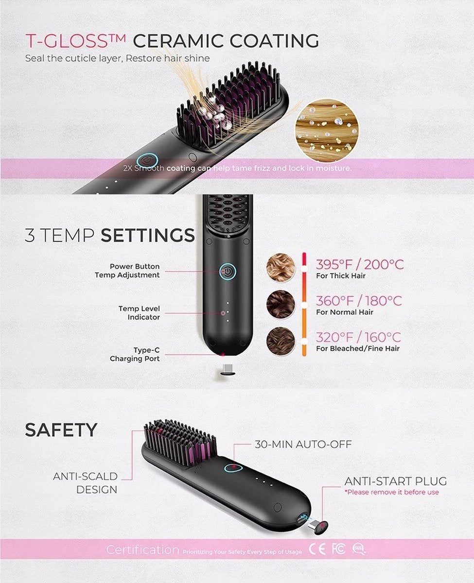 Uzzy M.F Draadloze Stijlborstel Keramisch - ionen technologie - Usb oplaadbaar - Stijl borstel - Warmte borstel - Brush - Stijl kam - Elektrische haarborstel