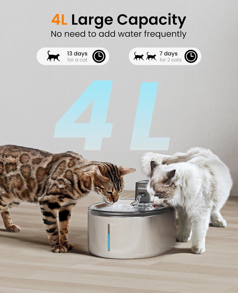 Waterfontein RVS 4 Liter Draadloos met Bewegingssensor - Lange Batterijduur - Stil - Katten drinkfontein met Filter Kleine Katten Drinkfontein