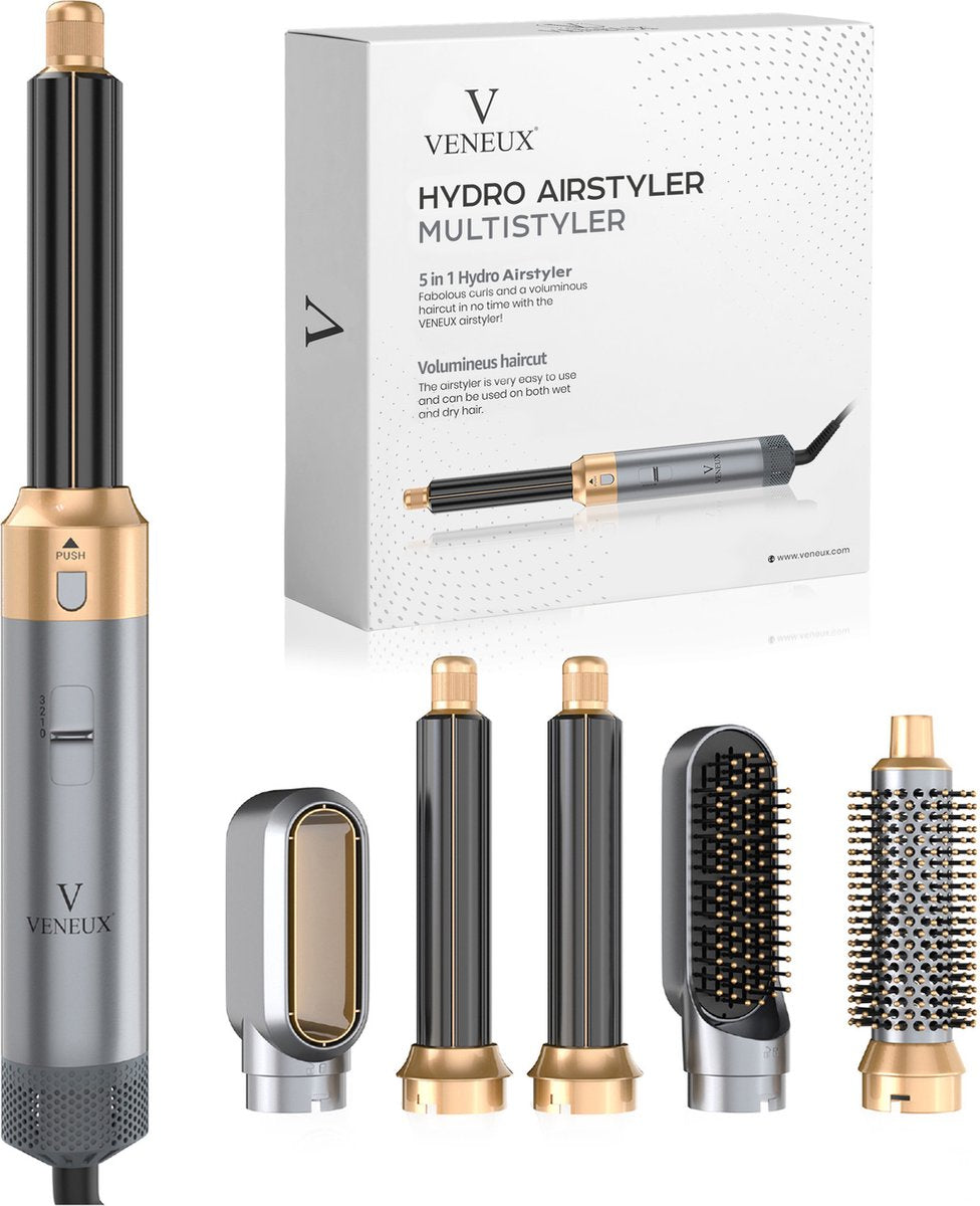 VENEUX® Föhnborstel - Airstyler - Krulborstel - Krultangen - 5 in 1 Multistyler – Grijs Met Goud
