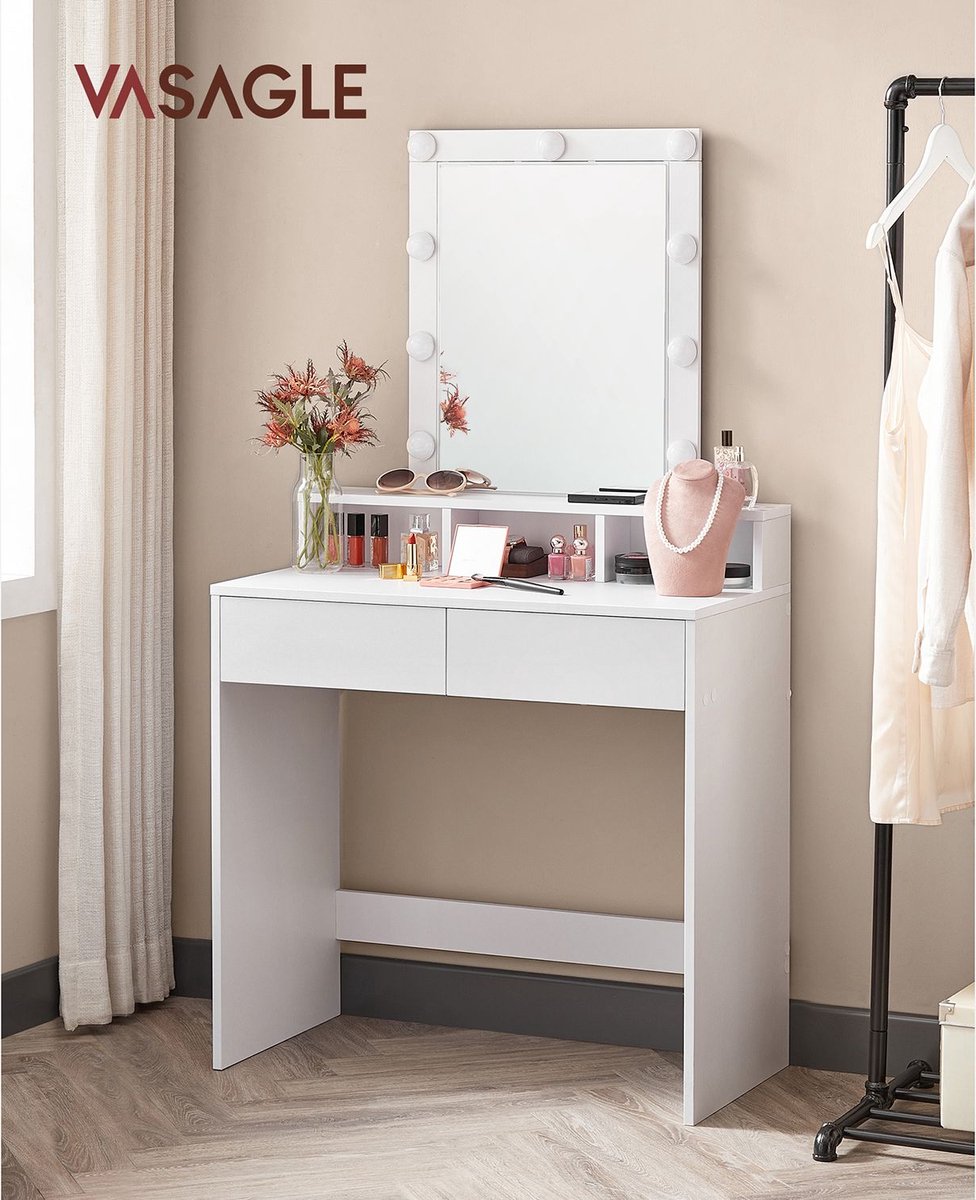 Blinky Kaptafel - Kaptafel met spiegel - make-uptafel - make-uptafel - kaptafel met spiegel en gloeilampen - met 2 lades en 3 open vakken - Wit