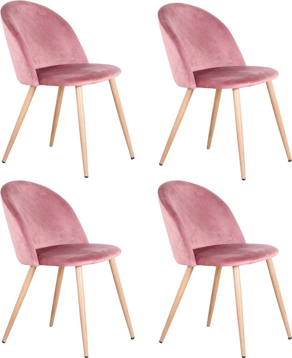 RM Store® - Set van 4 moderne stoelen - Fluweel stoelenset - Eetkamerstoelen - Bureaustoelen - Woonkamerstoelen - Houten poten - Loungestoelen - Antislip - Roze - Max. 120 KG.