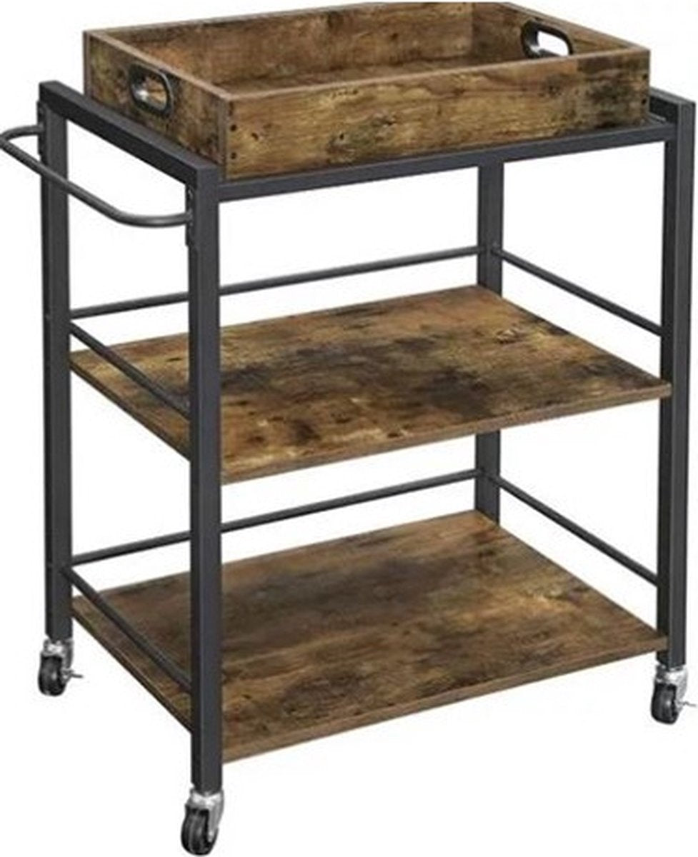 Dienbladwagen op wieltjes - Industrieel - Serveerkar - Bar cart - Drank trolley - 3 etages - 65x40x86cm