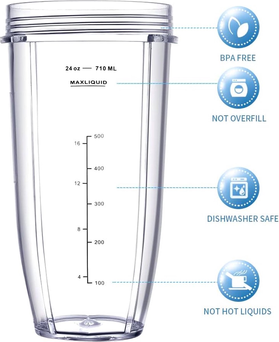 32oz/24oz Beker Geschikt voor blender voor Ninja, 1* 32 oz beker, 1* 24 oz beker, 1* bekerdeksel, 1* 7 Fin Extractor-mes Geschikt voor Nutri Ninja Auto iQ BN801 BL640-30 BL642-30 (4 stuks)