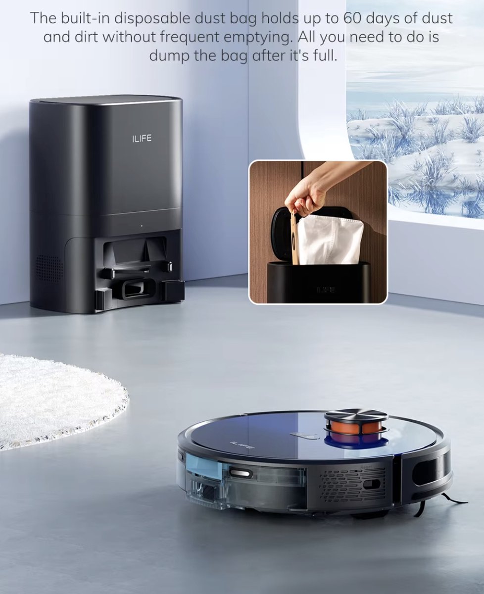 J&R Robotstofzuiger - Automatische lediging - Stofzuiger - Spraakbediening - Zuigen en dweilen - WiFi - 3KPa Zuigkracht - Slimme mapping - Alexa - Google Assistant - Zwart