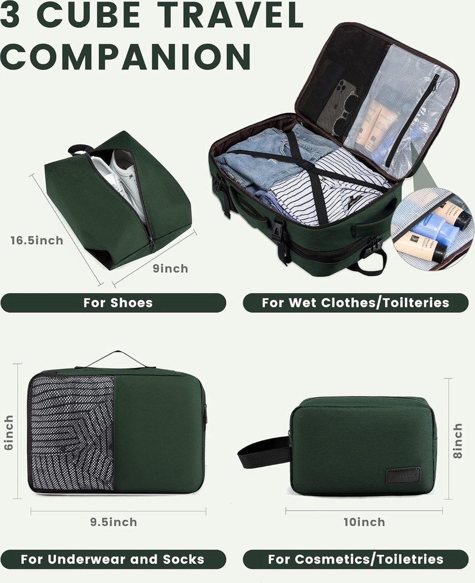 Reisrugzak, handbagage, vliegtuig, zakelijke rugzak, heren, dames, uitbreidbaar, laptoprugzak voor 17,3 inch voor weekends, donkergroen
