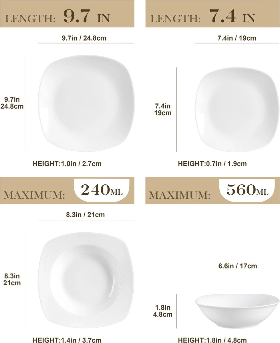 Dinnerware set - Dinnerware sets - Dinnerware set 12 person - White Plain - Porcelain - 48-Piece Dinnerware - Dinner plate - Dessert plate - Bowl - Mug