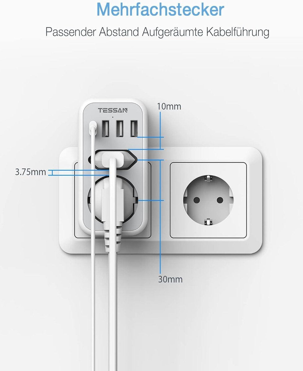 Dubbele Stekkeradapter Stopcontact USB C - 2-voudig met 4 USB Netstekker - Meervoudige Stekker en USB C Adapter Grijs