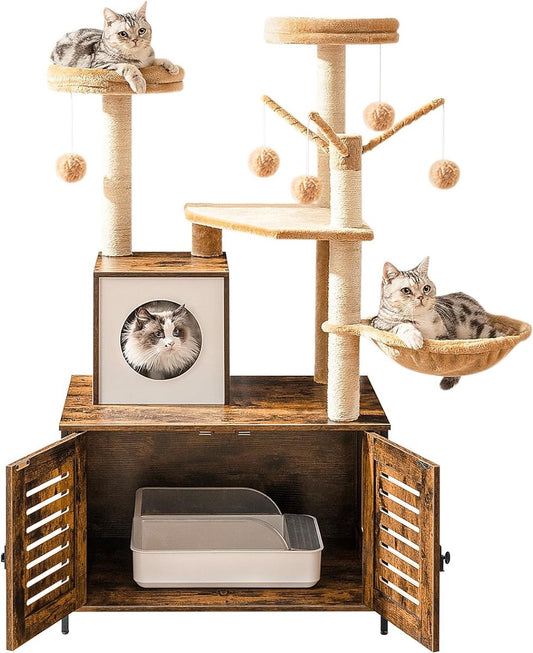 Krabpaal Hout 70x48x132 cm - 2in1 - Kattenboom voor Kleine & Grote Katten - Opslagplek voor Kattenbak - Kattentoren met Kattenspeelgoed - met Pluche Manden - Vintagebruin