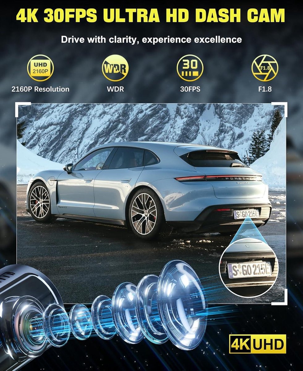 Voor en achter 4K wifi dashcam - 64 GB SD-kaart - loopopname G-sensor - app-bediening - super nachtzicht - 170 graden + 140 graden groothoek - veilige supercondensator Dashcam voor auto
