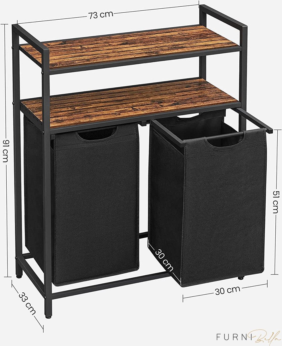 wasmand, wasverzamelaar, 2 compartimenten, 2 planken, wasbak, waszak uitschuifbaar en verwijderbaar, per zak 46 liter, voor badkamer, wasruimte, vintage bruin-zwart BLH211B01