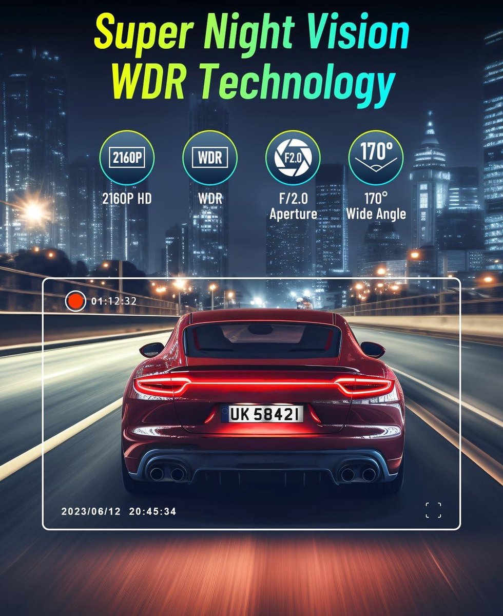 4K UHD WiFi Dashcam Auto - Voorruit Auto Camera - 64GB SD Kaart - 170° Groothoek - Loop Recording - G-Sensor - APP Control - Nachtzicht - Super Condensator Dashcam voor auto
