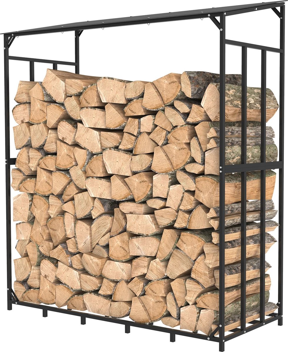 Haardhoutopslag - Houtopslag buiten - Met Dakje - Staal - Zwart - 157x60x177 cm - Max. Gewicht 300kg - Houtopslag - Haardhout Opslag