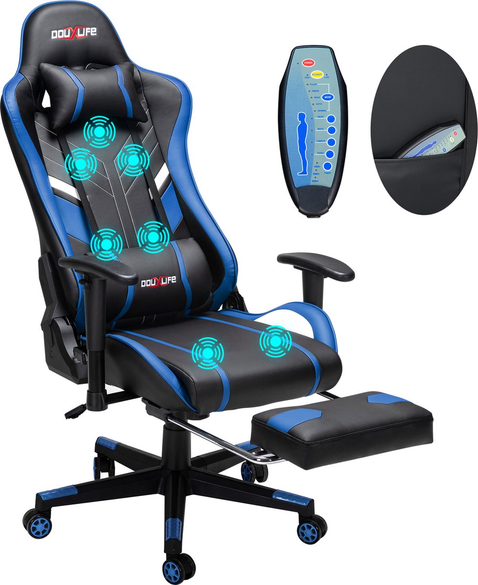 PU Massagestoel met voetenbank - Ergonomische Gamestoel - 175° - Bureaustoel - Blauw&Zwart