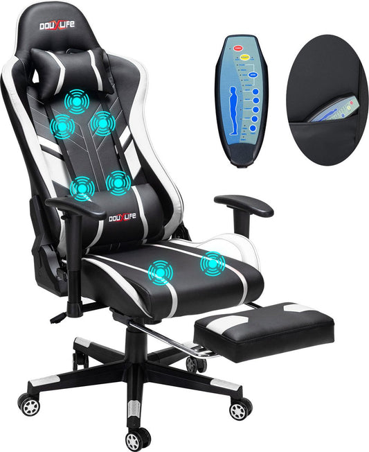PU Massage Gaming Chair with Footrest - Ergonomic Gaming Chair - 175° - Office Chair - White&Black
