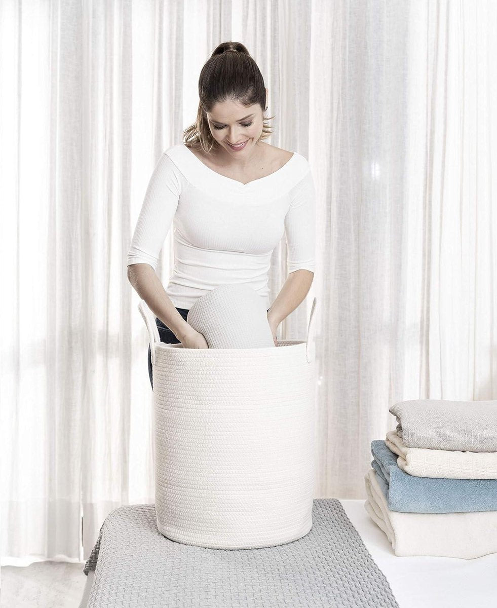 Wasverzamelmand Wit Groot - Dekenmand - Babywasmand - Geweven opbergmand - Strijkgoedmand - Speelgoedopbergmand - Katoenen touwmand - Wasgoedmand - Afmetingen 38x45cm wasmand
