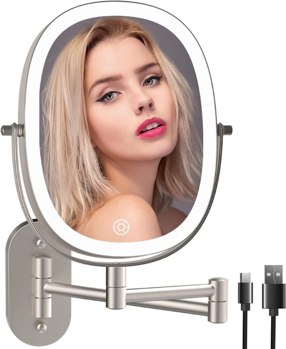 Rechargeable LED Make-up Mirror, 1x/7x Magnification - Dimmable Shaving Mirror with 3 Color Settings, 360° Rotatable Touchscreen Wall Mirror for Bathroom and Hotel