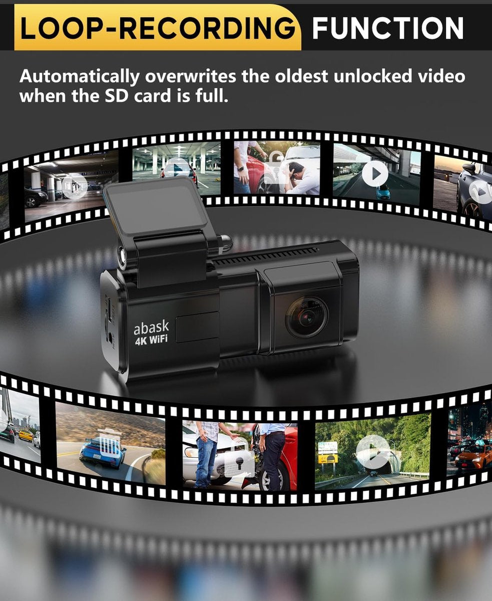 Dashcam - 2160p, 1080p - 4K wifi met app bediening - 170° groothoeklens - Nachtzicht - Inclusief 64 GB SD-kaart - G-sensor - Zwart -