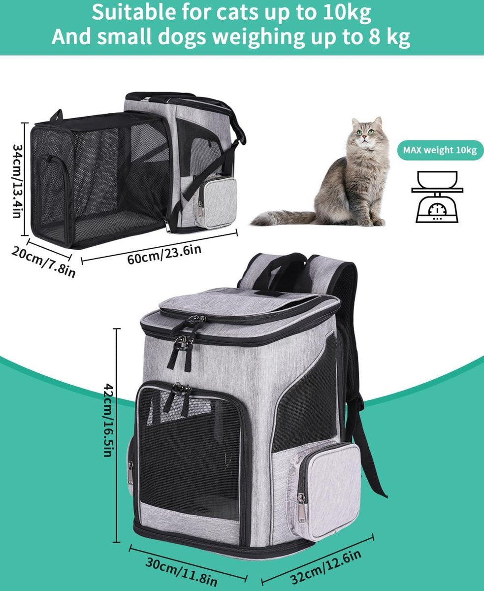 Expandable Dog Backpack for Large Cats and Dogs - Foldable Pet Backpack up to 10 kg - Breathable Cat Bag Dog Bag with Expandable Backpacks - Suitable for Small and Medium Animals