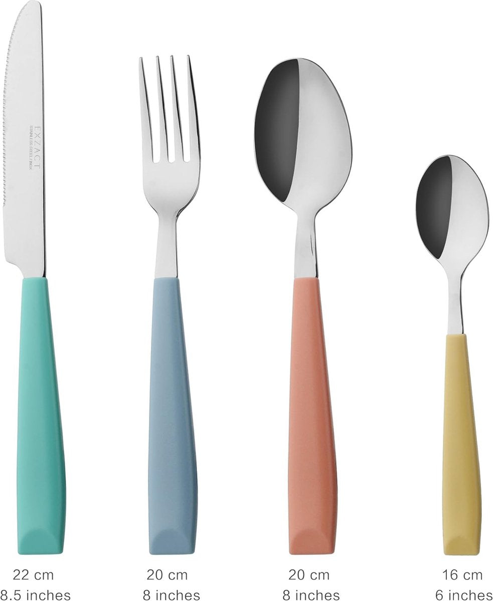 24-Piece Colored Cutlery Set - Stainless Steel with Vividly Colored Plastic Wide Handles - Comfortable to Hold - 6 x Forks, 6 x Dinner Knives, 6 x Tablespoons, 6 x Teaspoons