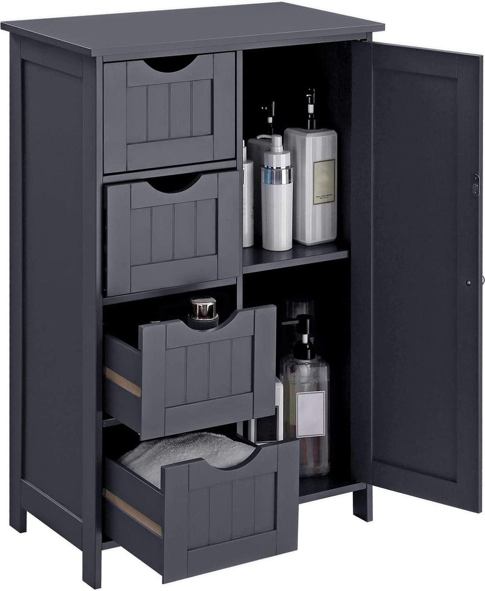 Dressoir badkamerkast, houten badkamerkast, commode met 4 lades, kastdeur, verstelbare plank, voor woonkamer, keuken, hal, diep, vrijstaand, grijs LHC41GY