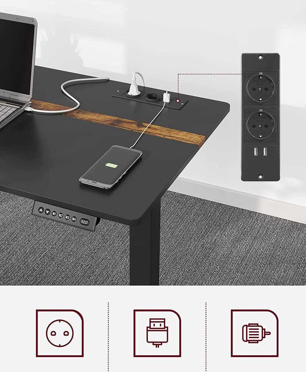 In hoogte verstelbaar bureau - Elektrisch bureau - Met stopcontacten - Traploos verstelbaar - 60 x 140 cm - Zwart