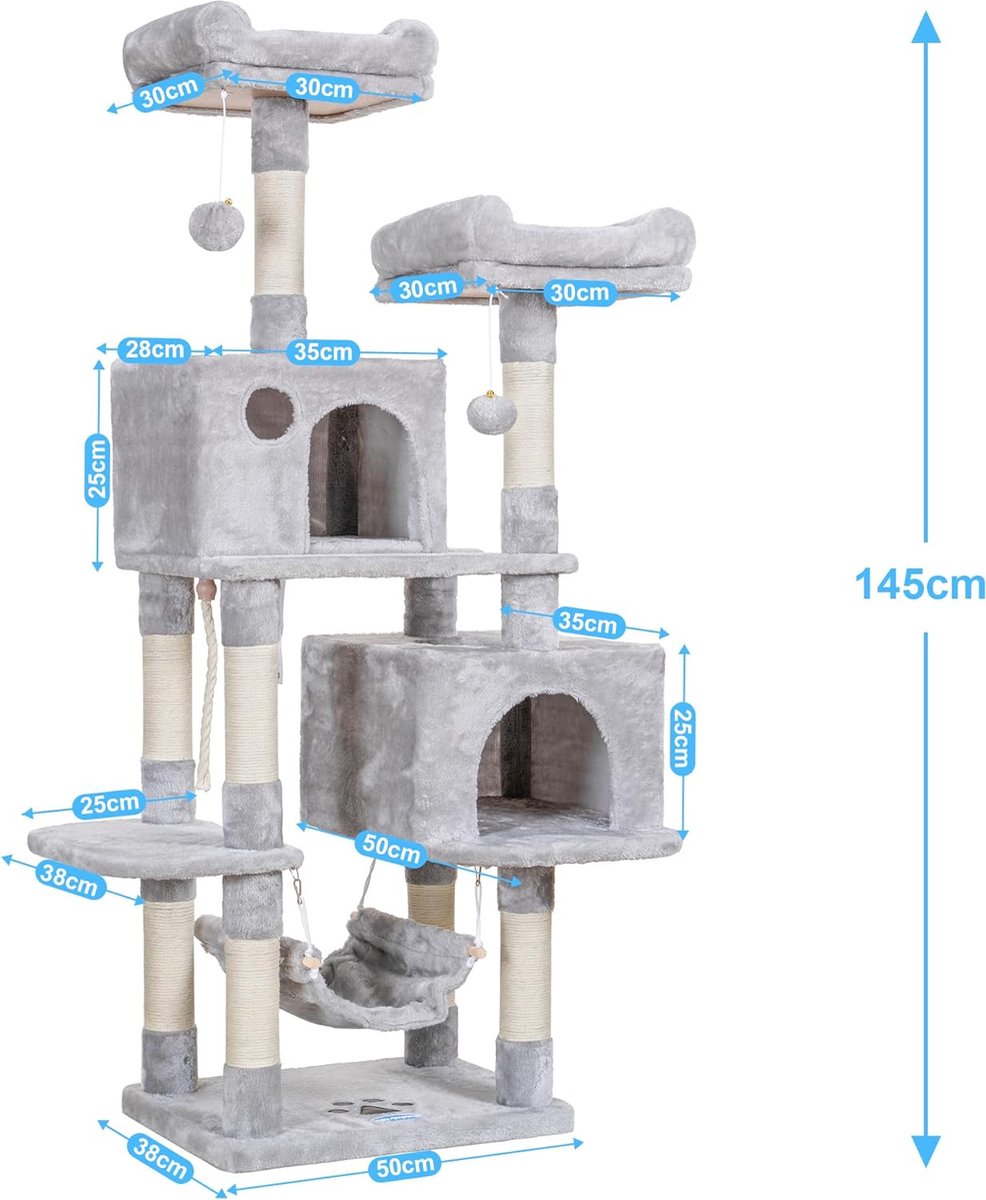 Krabpaal, kattenboom voor grote katten, stabiel met sisaltouw, 2 grote huizen, 2 platforms, lichtgrijs