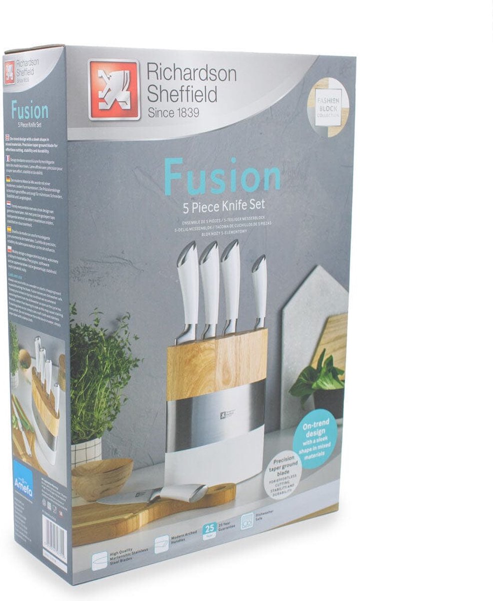 Richardson Sheffield - Fusion 5-Delige Messenset met Blok - Wit en Hout